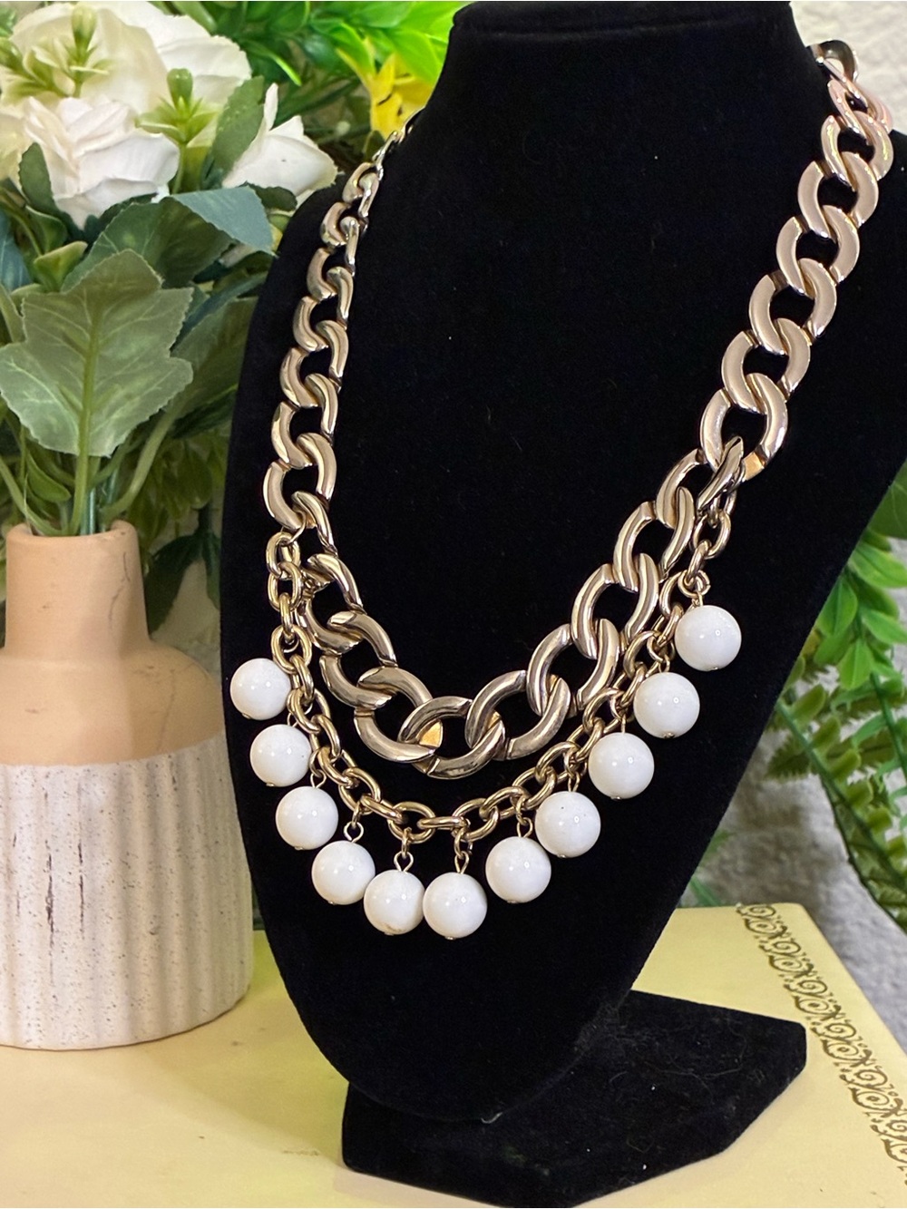 Gold-Tone Layered Chain Necklace with White Bead Drops